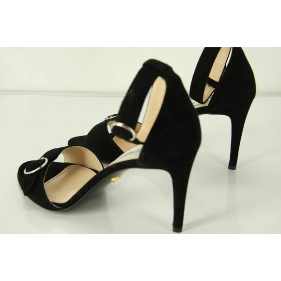Prada Black Suede Ankle Strap Sandals Size 39.5 Heels New Buckle - Picture 7 of 11